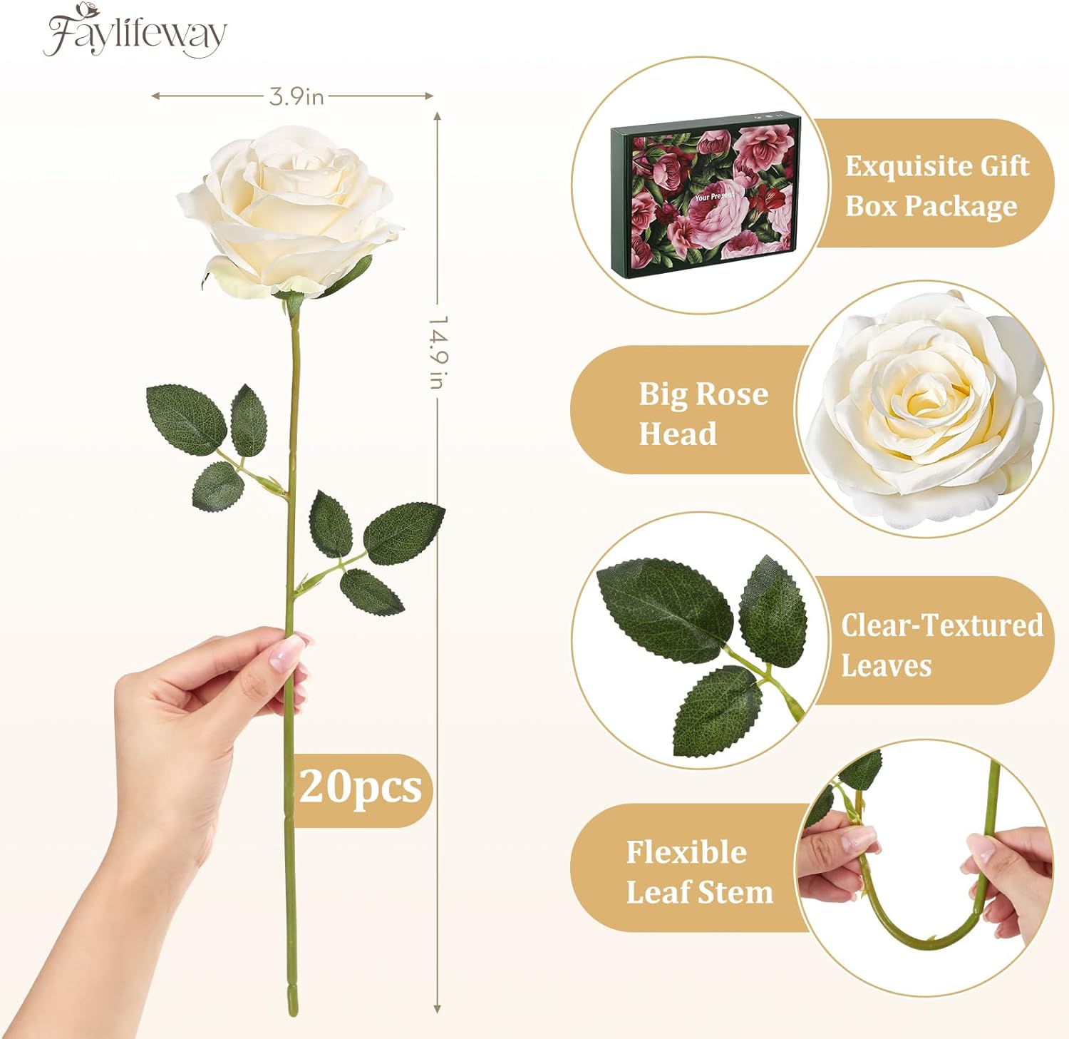 20PCS Artificial Roses Flowers, 3.9'' Silk Flower Head Fake Champagne Rose with Long Stems, Realistic Faux Roses Bouquet for DIY Wedding Home Party Office Decoration