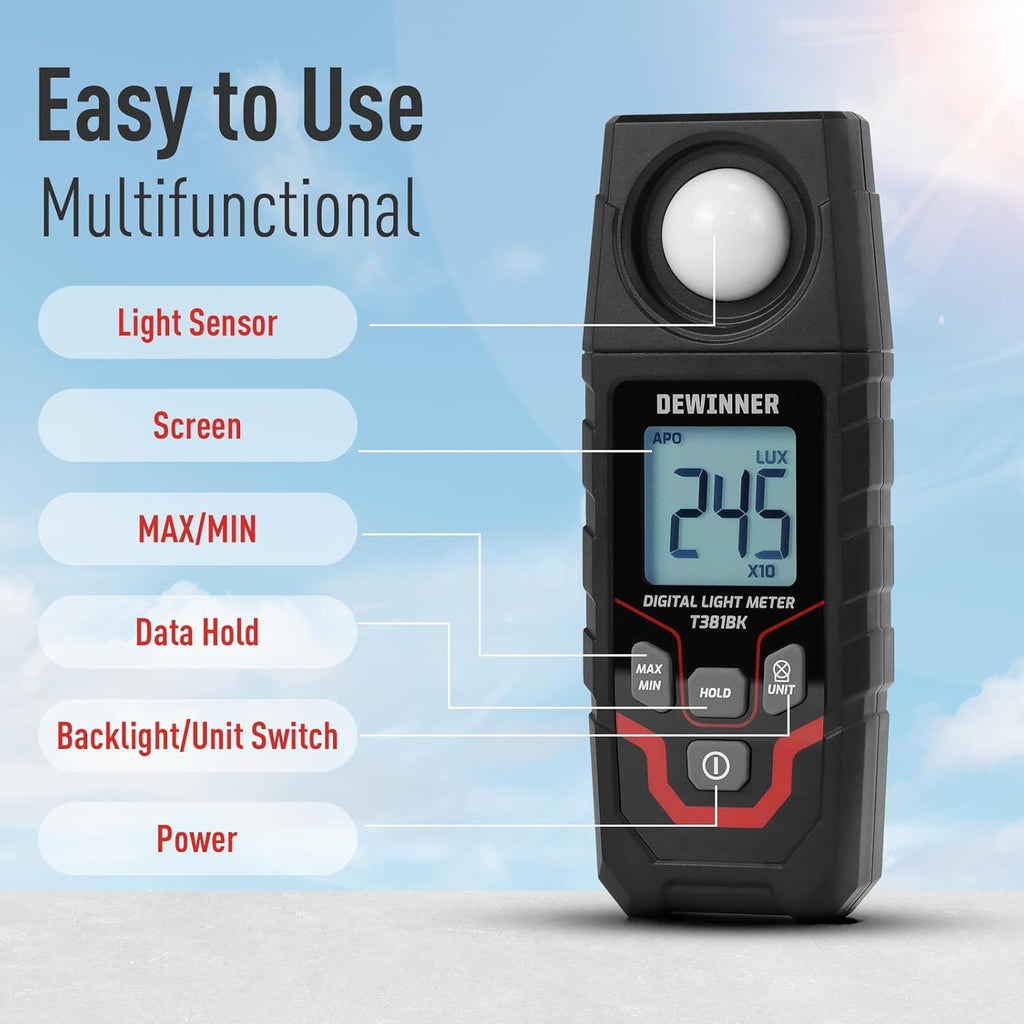 DEWINNER Digital Illuminance Light Meter – 0-200,000 Lux Light Tester for Plants, LED Grow Lights, Car Headlights – Candles Meter, 8X/s Sampling, 120° Angle, Backlit Display (Battery Included)