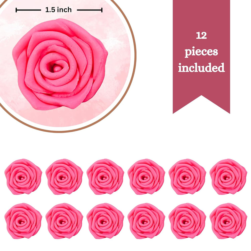 Confect Hot Pink Edible Roses – 12 Pack for Cake & Cupcake Decorating – Vegan, Gluten-Free Floral Toppers for Desserts, Nut-Free & Dairy-Free