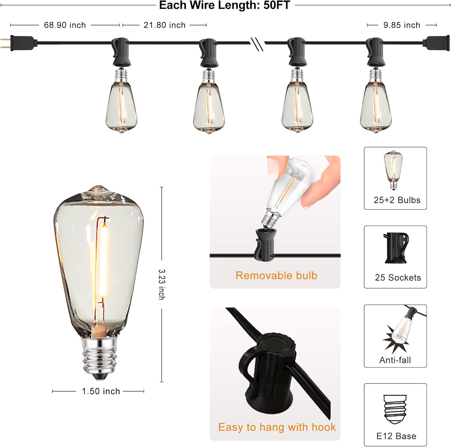 DAMAING Outdoor String Lights 50 FT Waterproof Patio Light String Lights with 27 ST38 Vintage Shatterproof LED Edison Bulbs,Retro Connectable Bistro Lights for Backyard Gazebo Balcony.