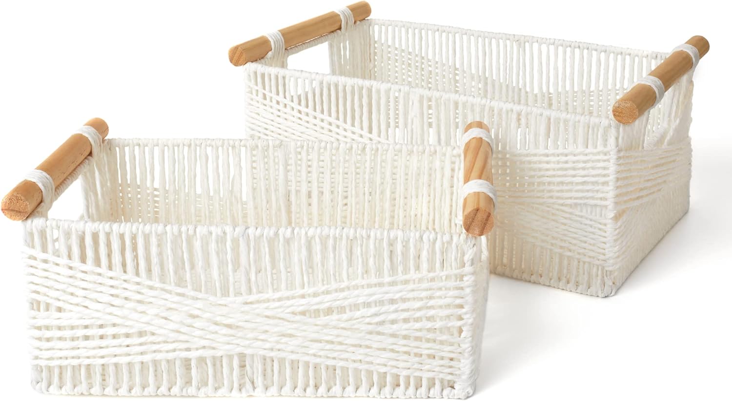 LA JOLIE MUSE Wicker Storage Baskets for Organizing, Recyclable Paper Rope Basket with Wood Handles, Decorative Hand Woven Basket Organizers for Makeup Books Shelves Living Room, White, Set of 2
