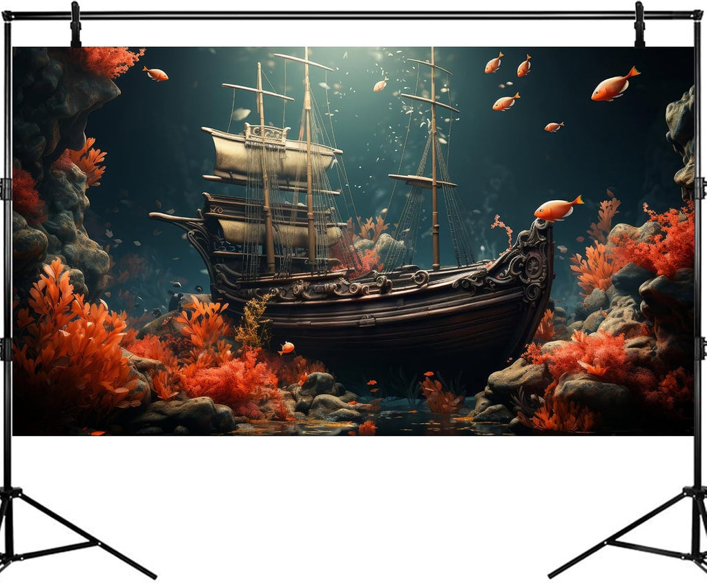 Pirate Shipwreck Aquarium Background Under The Sea Coral Reefs Fish Tank Background Underwater Sunken Ship Landscape Terrarium Background Tropical Sea Marine Life Aquarium Tank Background 72x18in