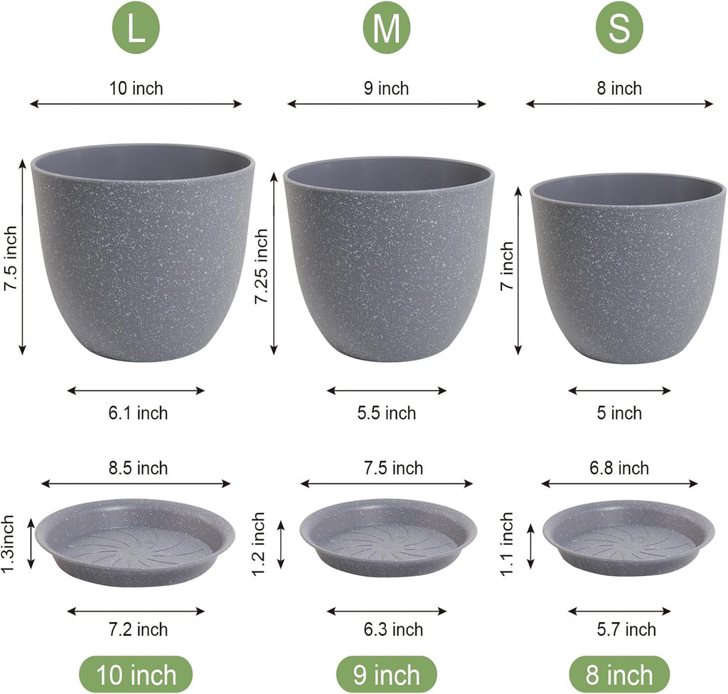 10/9/8 inch Plant Pots, Set of 3 Modern Decorative Plastic Planters with Drainage Holes and Saucers for Garden House Plants, Flower Pots for Indoor Outdoor Plants, Speckled Grey