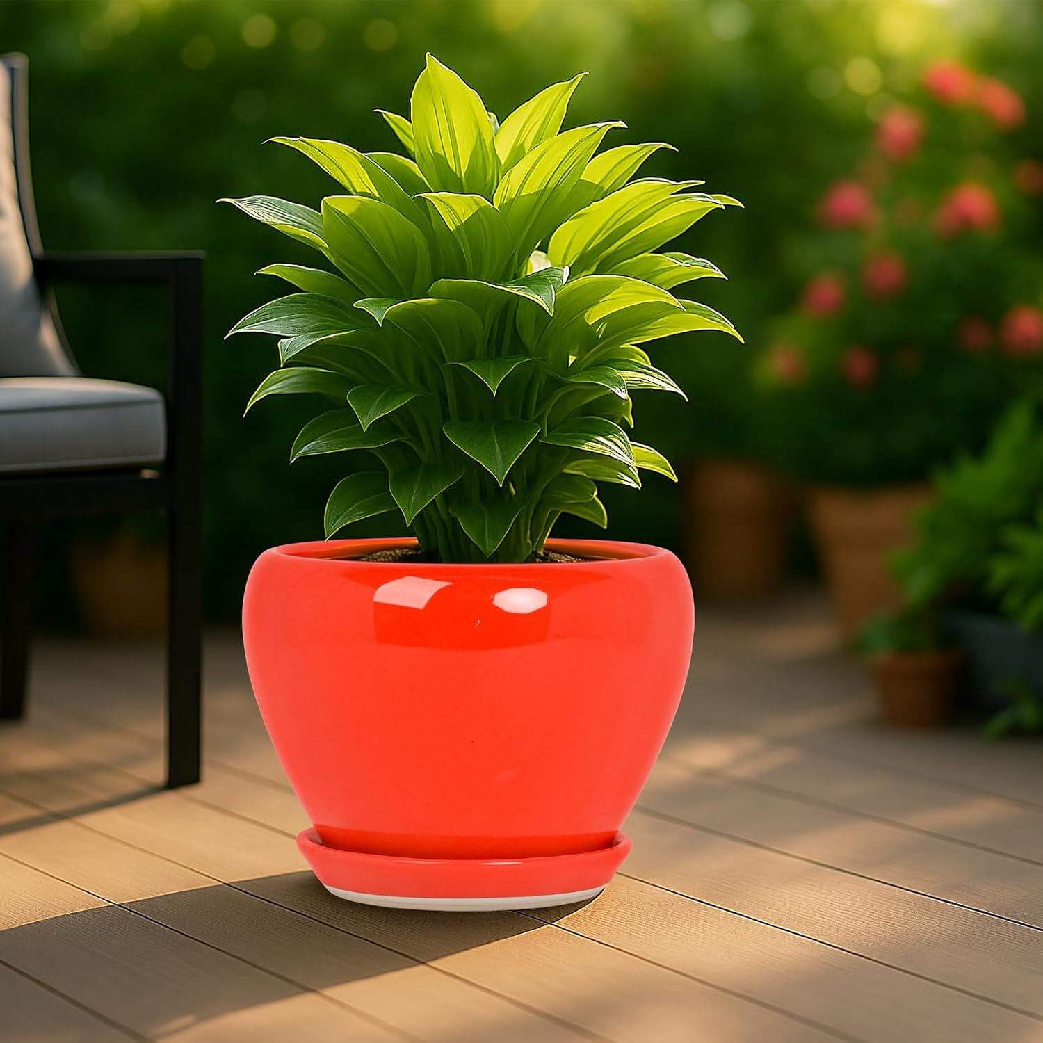 Deep Dream 10 Inch Plant Pot- Ceramic Planter Pot Round Plant Pots for Indoor Plants Outdoor Large Flower Pot with Drainage Holes & Trays, Red