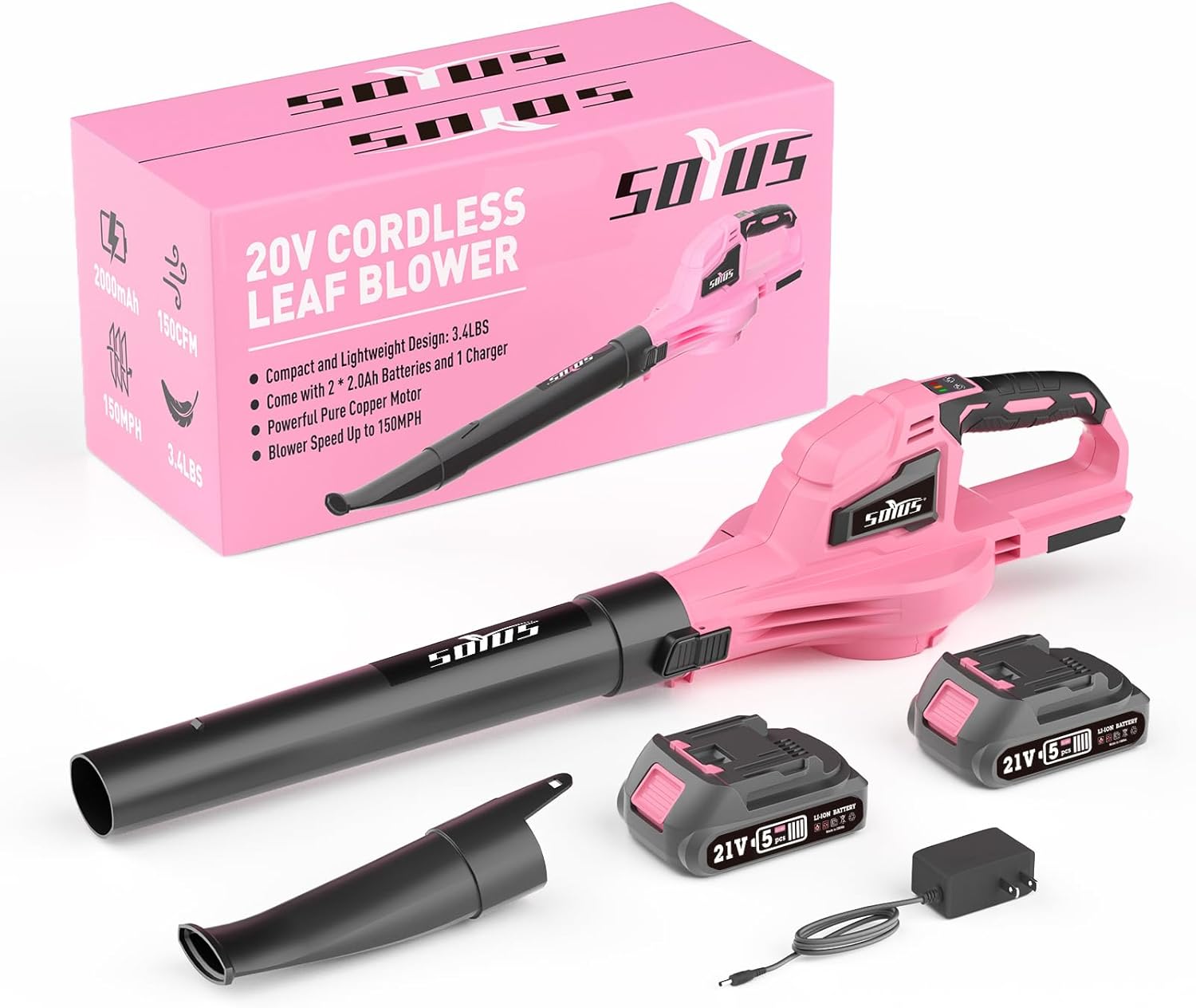 SOYUS Leaf Blower, 20V Leaf Blower Cordless with 2x2.0Ah Battery and Charger, 150 MPH Electric Leaf Blowers with Two-Speed Mode, Blowers for Lawn Care, Debris Dust Cleaning（Pink）