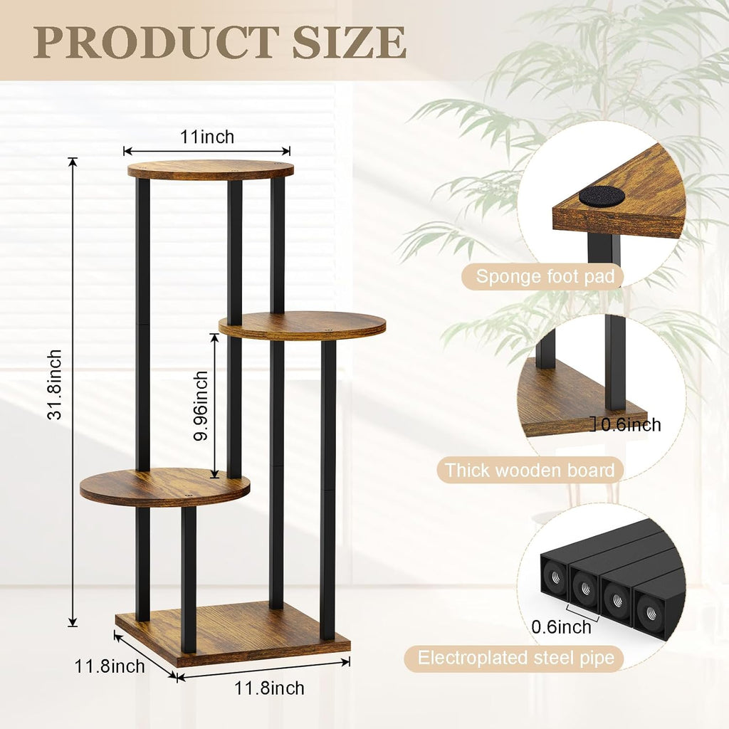 4 Tier Plant Stand Indoor, Metal Wooden Tall Plant Shelf Flower Pot Stand for Multiple Plants, Corner Flower Holder Plant Display Rack for Living Room Balcony Patio Garden (Rustic Brown)