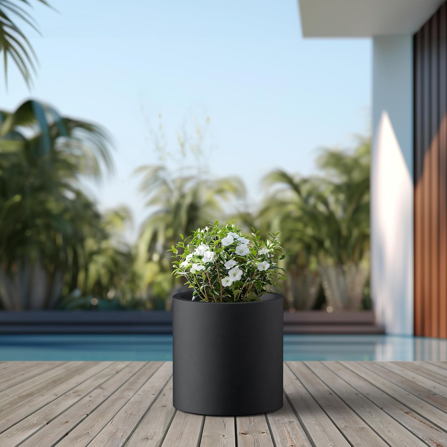 Kante 15.7" Dia Round Concrete Planter, Modern Style Large Cylindrical Plant Pot with Drainage Hole and Rubber Plug for Indoor Outdoor Patio, Burnished Black