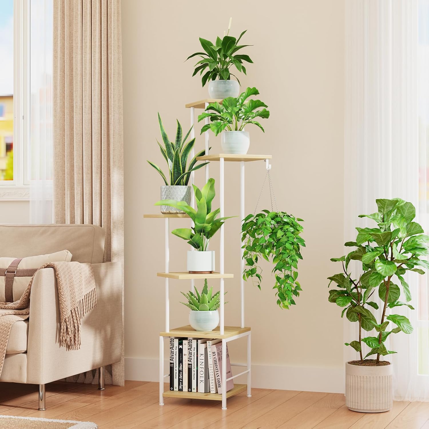 Plant Stand Indoor with Grow Light, 6-Tiered Tall Plant Stand Indoor, Metal Plant Shelf with Hanging Basket Hook and Adjustable Light, Ideal for Living Room, Garden, Patio, （Maple）