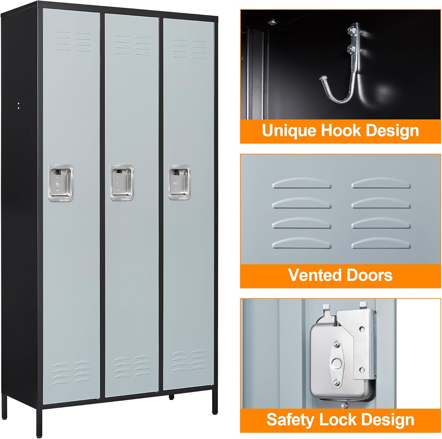Metal Locker with 3 Doors Employees Locker, Metal Storage Locker with Hooks, 71" Storage Cabinet Lockers for Employees, Home, Office, Gym Requires Assembly (3 Doors, Black Grey)