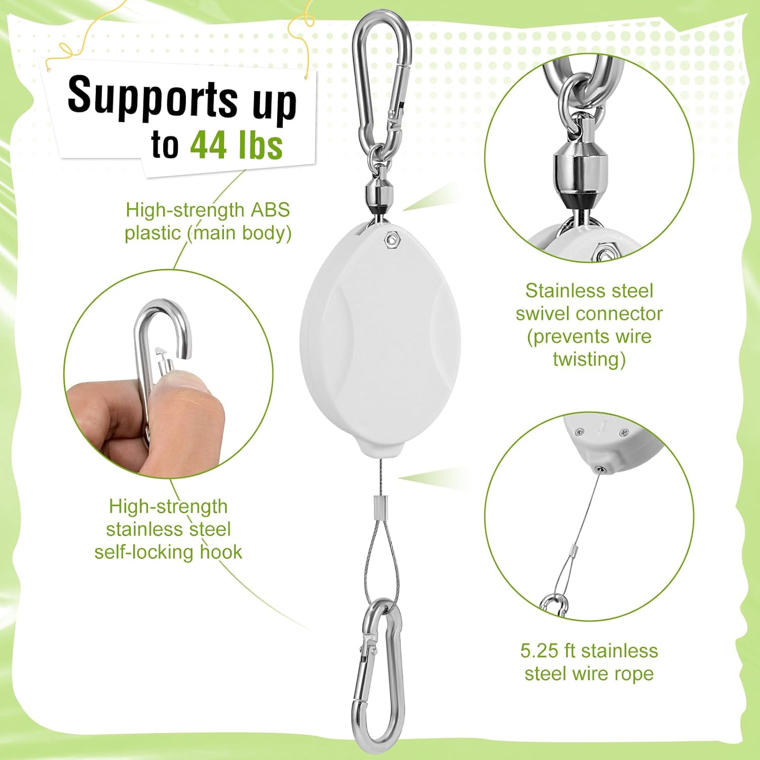 Plant Pulleys for Hanging Plants, Heavy Duty Retractable Hangers, 304 Stainless Steel Rope, Auto Plant Holder, Adjustable Climbing Hook for Garden Baskets Watering, or Bird Feeders 2PC (White)