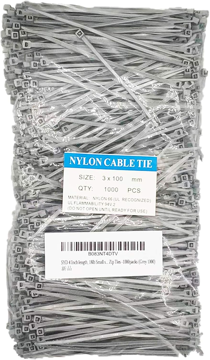 4 Inch Grey Zip Ties (1000 Pieces), 18lb Strength, Nylon Cable Wire Ties