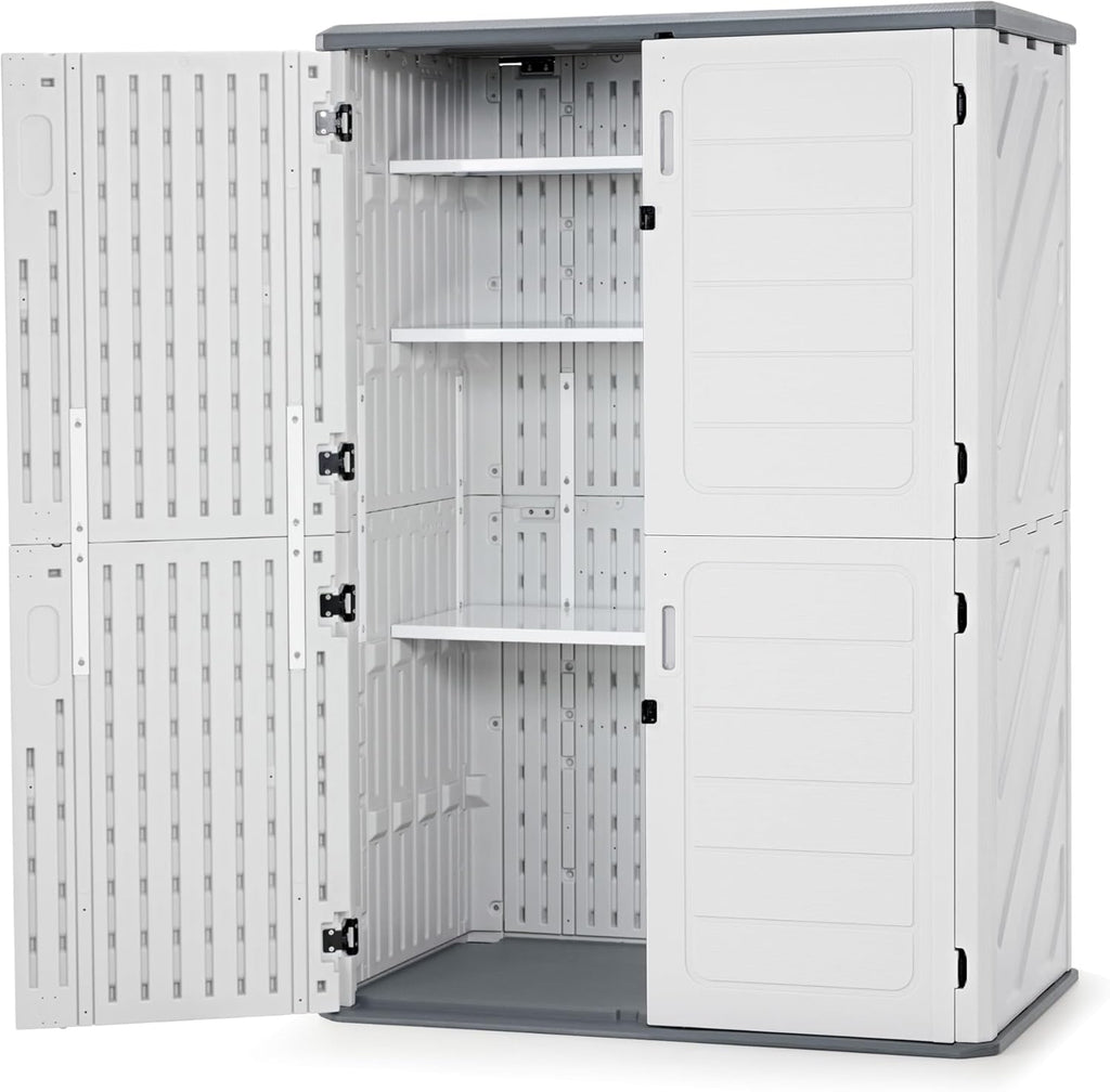 Macrout 50 Cu.Ft Plastic Outdoor Storage Cabinet with Shelves, 4.3 x 2.5 ft Waterproof Resin Outdoor Storage Shed with Floor, Lockable Vertical Shed for Garden and Patio