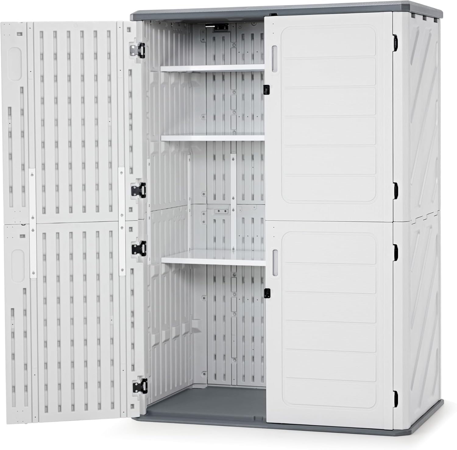 Macrout 50 Cu.Ft Plastic Outdoor Storage Cabinet with Shelves, 4.3 x 2.5 ft Waterproof Resin Outdoor Storage Shed with Floor, Lockable Vertical Shed for Garden and Patio