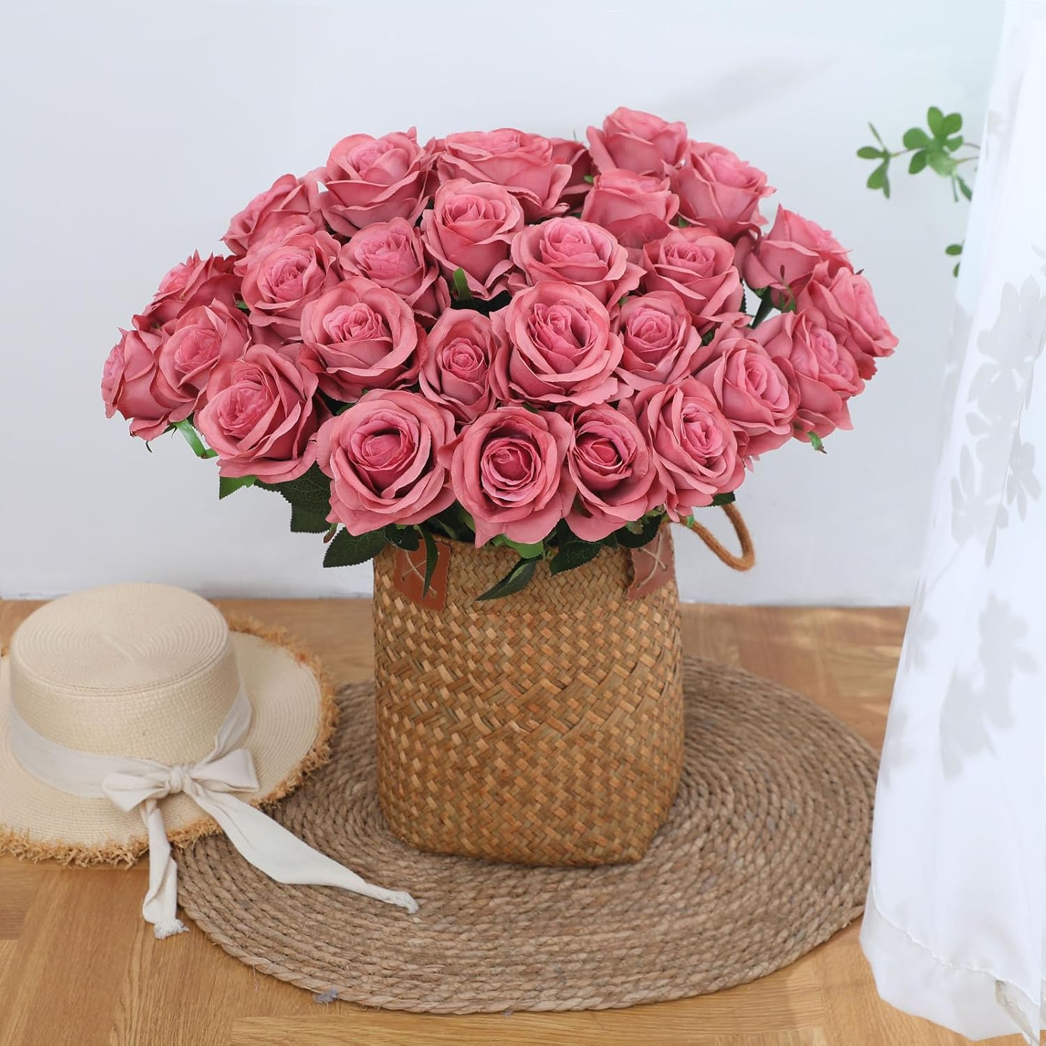 Pink Fake Roses Artificial Flowers - 16 Pcs Fake Artificial Roses Silk Flowers with Stems for Home Wedding Hotel Office Centerpiece Decor（Coral Pink）