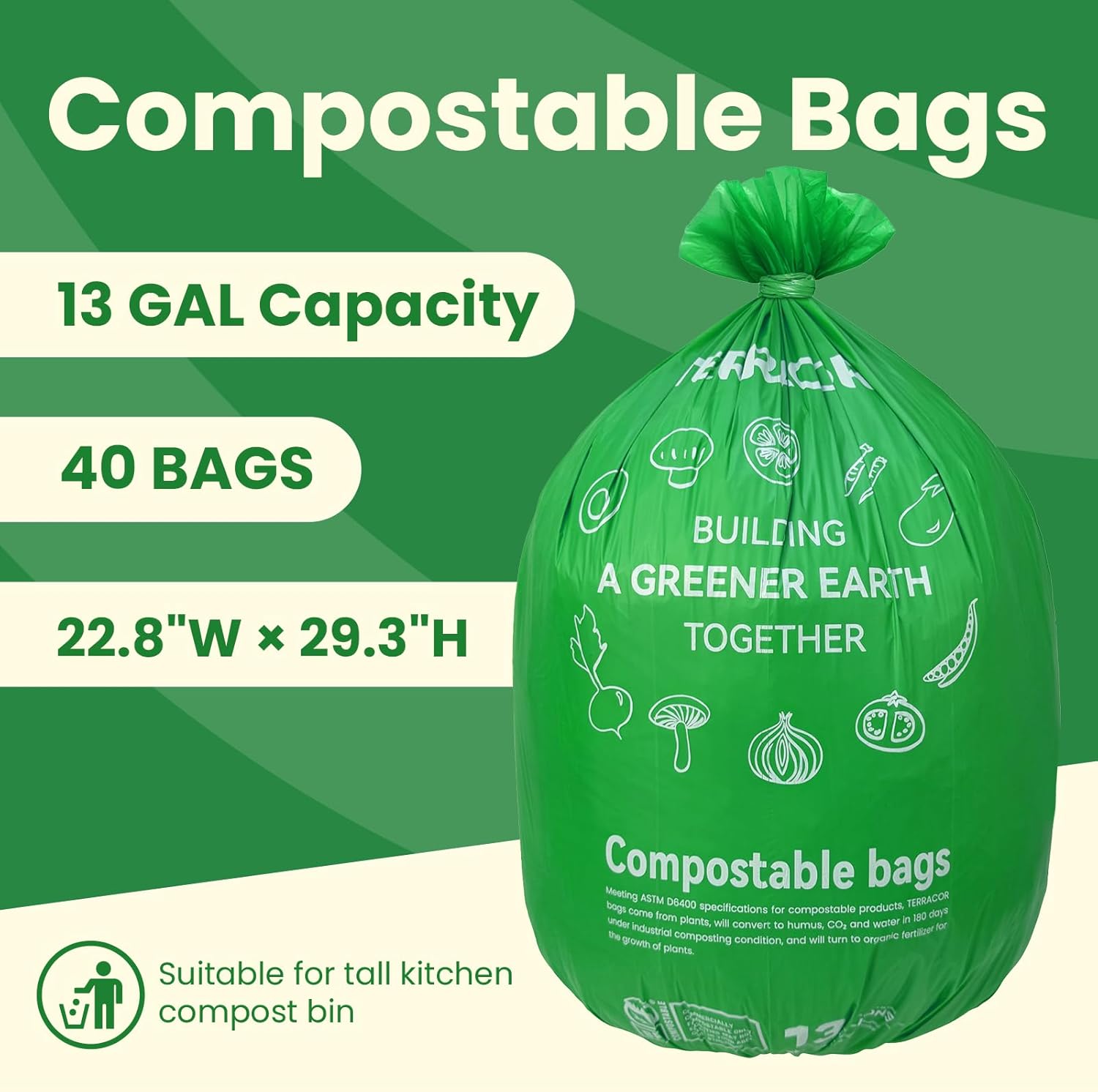 13 Gallon Compostable Trash Bags, 40 Bags Compost Bags for Countertop Bin, Camping Toilet Bags for Portable Toilet, BPI Certified and Meet The ASTM D6400 Standard