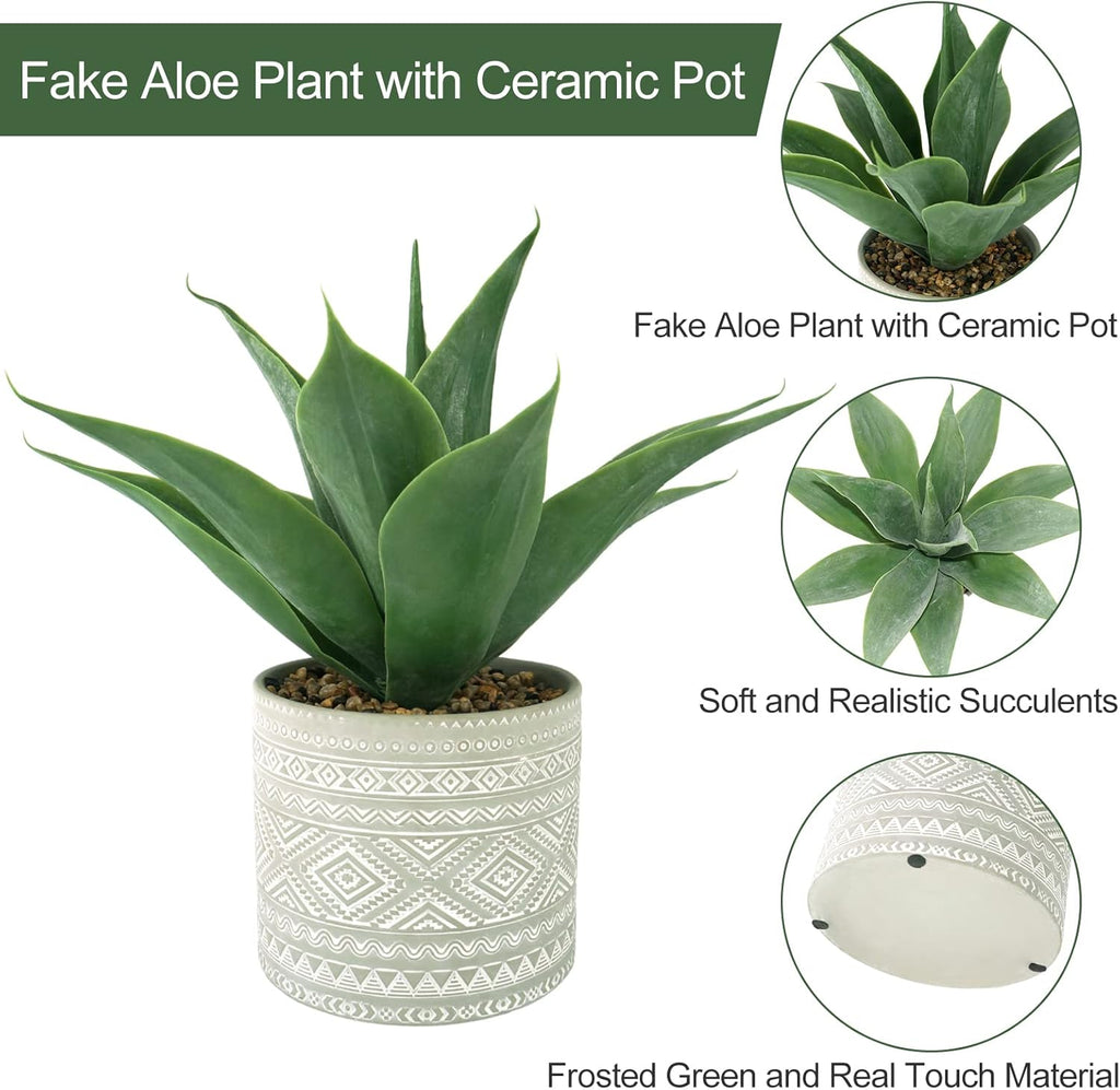 Artificial Potted Plants, 13.8" Artificial Succulent Fake Aloe, Large Faux Aloe Plant in Pot for Home Office Room Badroom Garden Decor (Grey)