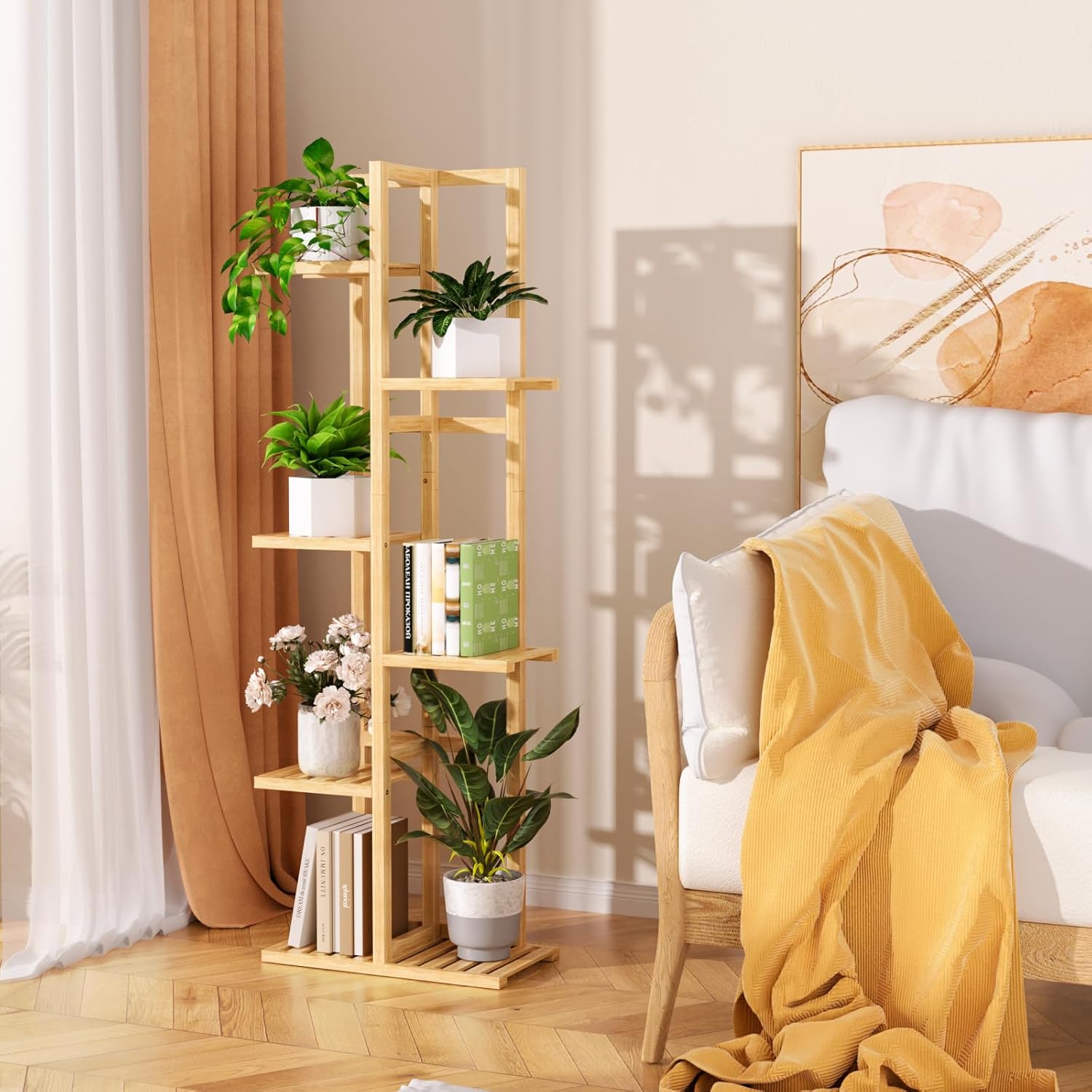 6 Tier Bamboo Plant Stand Indoor, Wood Tall Flower Holder Corner Tiered Plant Shelf for Multiple Plants (Natural)