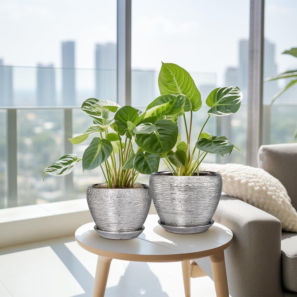 Ceramic Planters - 10 Inch 8 Inch 6 Inch Plant Pots Indoor with Drainage Holes and Saucer Mid-Century Large Planters Outdoor Flower Pots for Home Decor Set of 3 Silver