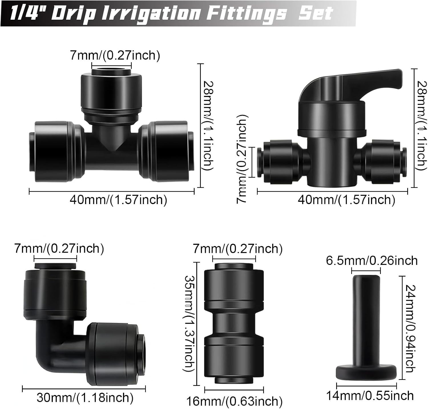 45 Pack Quick Connect 1/4" Drip Tubing Irrigation Fittings Kit Universal 1/4'' Drip Irrigation Tubing Connectors Leak Free Fitting Set Includes 10 Tee 10 Coupling 10 Elbow 10 End Cap 5 Shut Off Valve