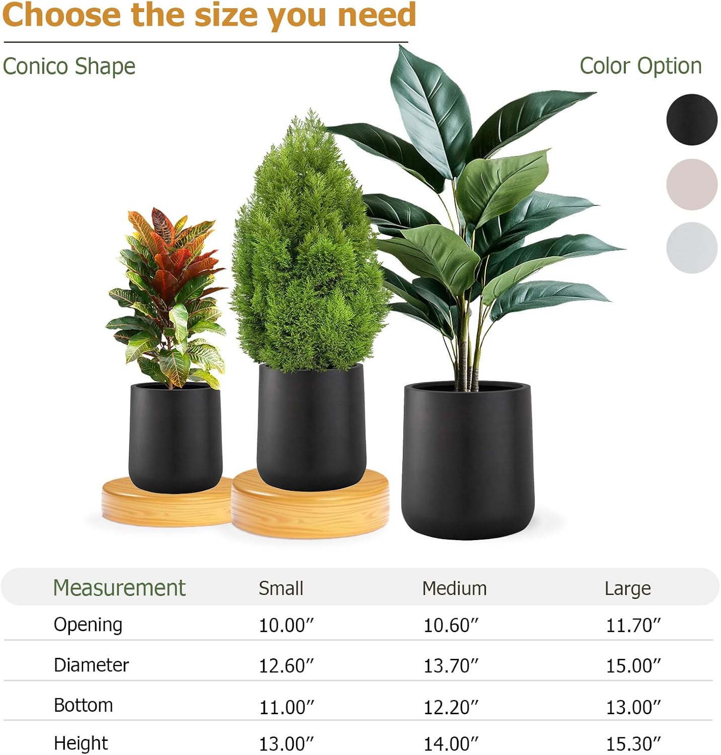 13" H x 12.6" D Conico Fiberstone Round Planter with Drainage Hole, Smooth Finishes, Weather Resistant for Indoor and Outdoor Use, Included 2 Extra Coco Mats (Black, 10" Pot Opening)