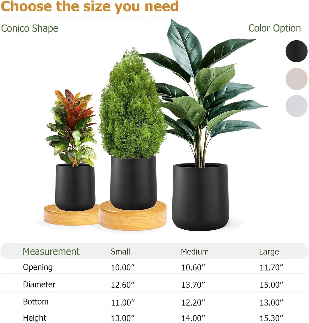 14" H x 13.7" D Conico Fiberstone Round Planter with Drainage Hole, Smooth Finishes, Weather Resistant for Indoor and Outdoor Use, Included 2 Extra Coco Mats (Black, 10.6" Pot Opening)