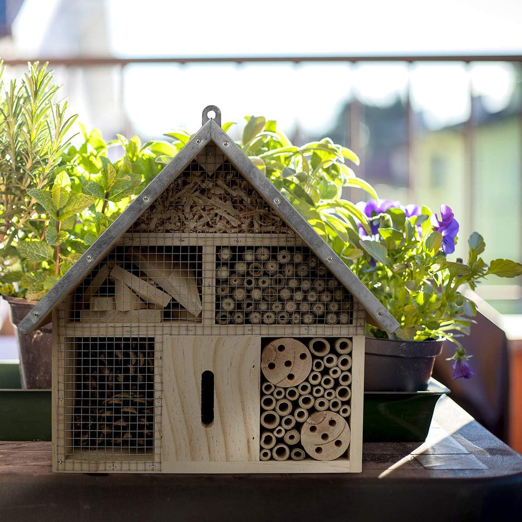 Insect Hotel - Pollinator House and Bug Condo for a Snug Home Outdoors - Garden Habitat for Bees, Ladybugs, and Butterflies - Natural Wood and Metal Construction - 10 x 3X 11 inches