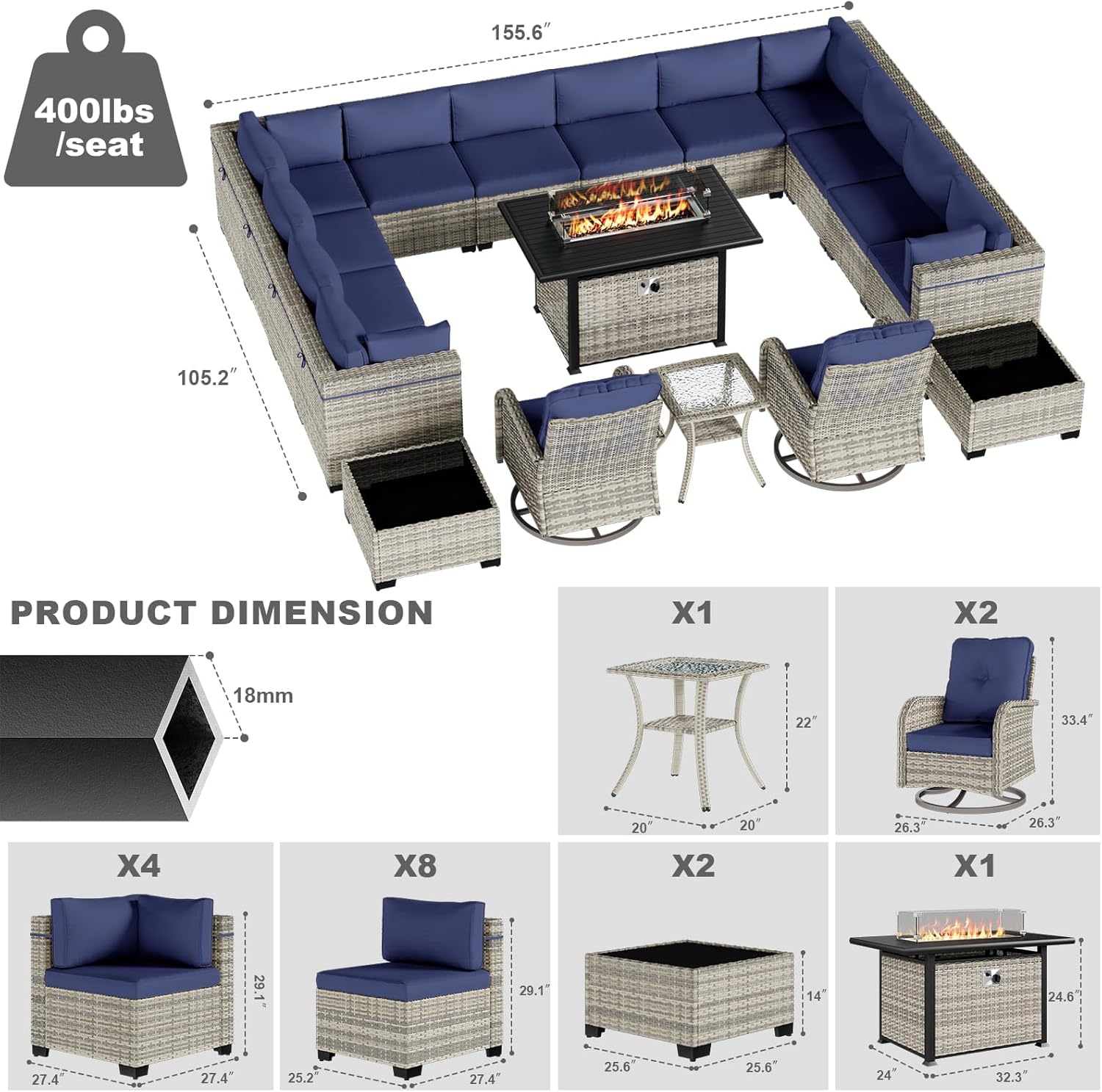 18-Piece Patio Furniture Set, Outdoor Patio Furniture with 55,000 BTU Fire Pit Table, Swivel Chairs Set, Thick Cushions, Modular Patio Sofa, Dual-Strand Wicker Rattan, Rust-Resistant Frame,Navy Blue