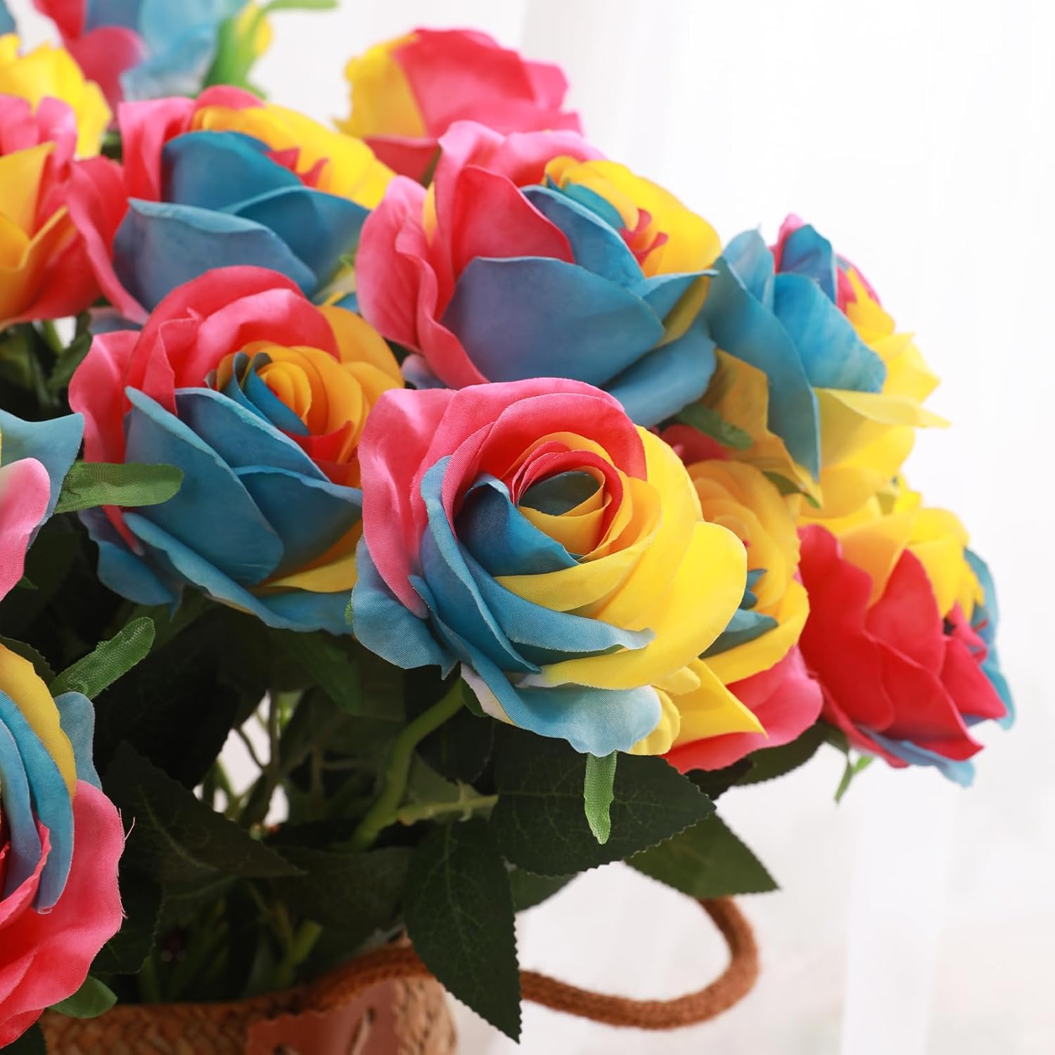 Rainbow Fake Roses Artificial Flowers - 10 Pcs Fake Artificial Roses Silk Flowers with Stems for Home Wedding Hotel Office Centerpiece Decor（Rainbow2）