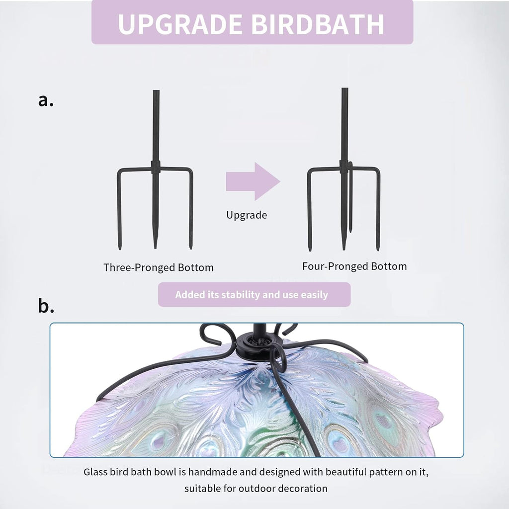 MUMTOP Glass Bird Bath, Garden Outdoor Birdbaths Birdfeeder with Metal Stake Peacock Bird Baths for Outside Yard