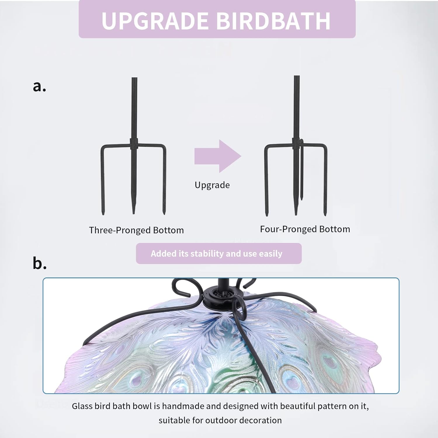 MUMTOP Glass Bird Bath, Garden Outdoor Birdbaths Birdfeeder with Metal Stake Peacock Bird Baths for Outside Yard