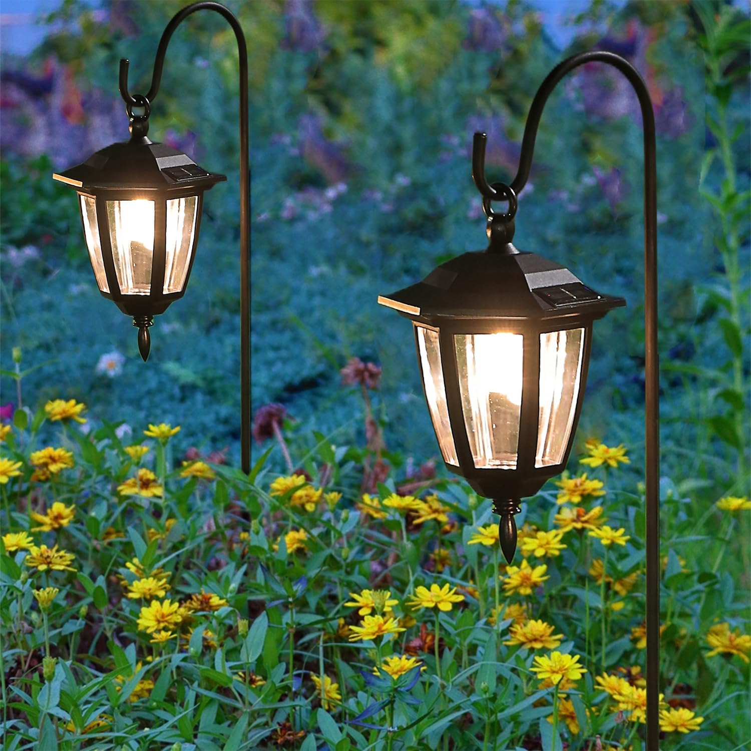 Dynaming 4 Pack Solar Hanging Lights Outdoor, Solar Powered Garden Decorative Lanterns with 4 x 38 Inch Shepherd Hooks, Waterproof Landscape Lighting for Lawn Patio Yard Pathway Driveway, Warm White