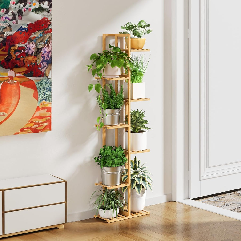 ROSSNY 55 Inch Tall Plant Stand Indoor, 7 Tier 8 Potted Bamboo Plant Stands for Indoor Plants, Corner Plant Stand, Plant Shelf For Indoor, Tiered Plant Stands, Planter Holder for Multiple Plants Indoor, Natural