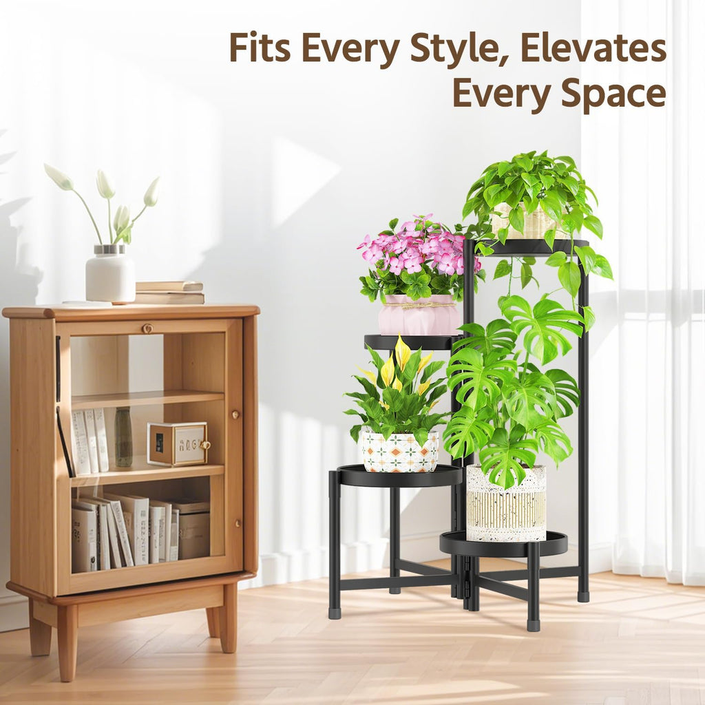 LASZOLA 4 Tiered Folding Plant Stand Indoor for Multiple Large Planter, Tall Heavy Duty Adjustable Rack with Rust Proof 10 Inch Wide Tray, Sturdy Vertical Tree Organizer for Narrow Inside Floor, Black