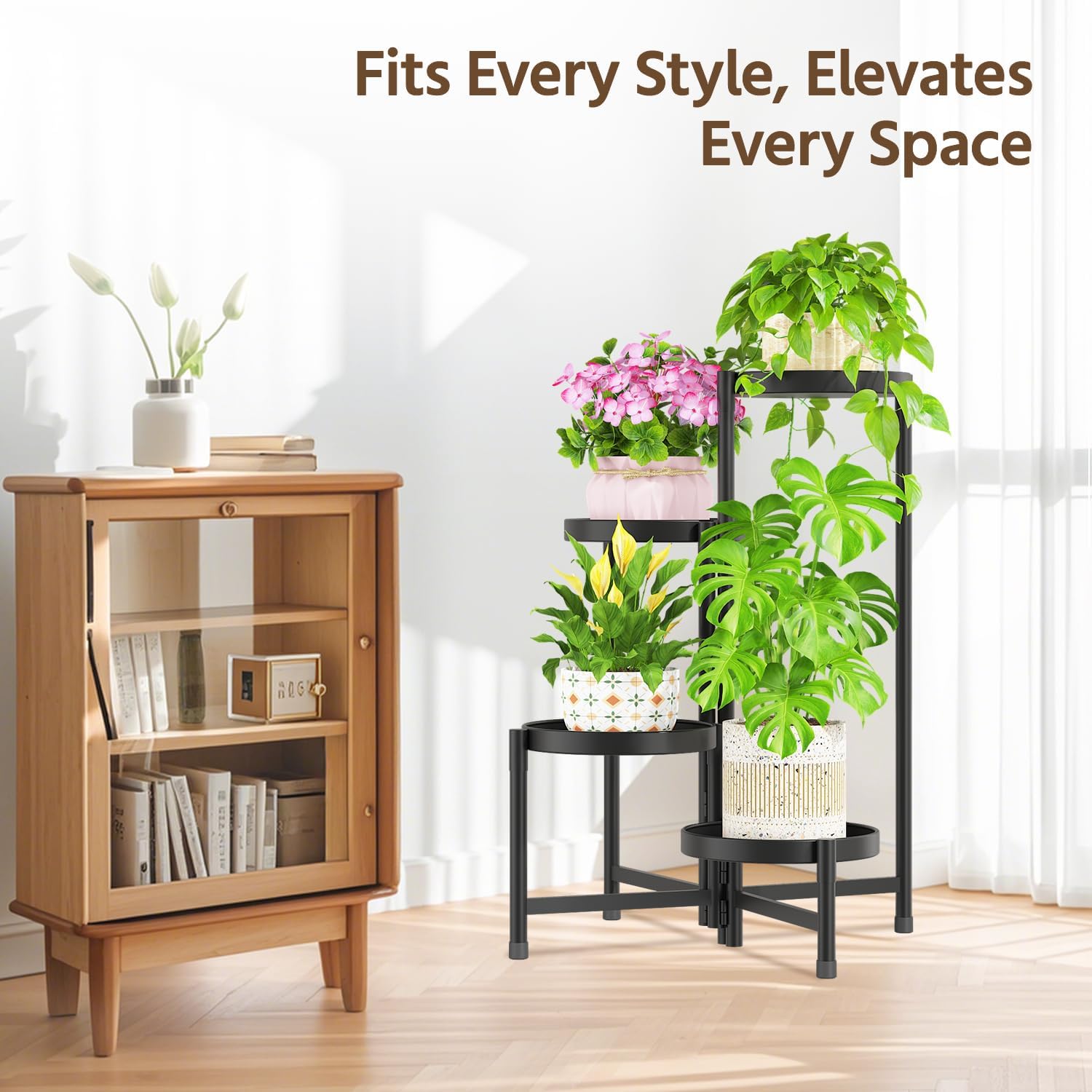 LASZOLA 4 Tiered Folding Plant Stand Indoor for Multiple Large Planter, Tall Heavy Duty Adjustable Rack with Rust Proof 10 Inch Wide Tray, Sturdy Vertical Tree Organizer for Narrow Inside Floor, Black