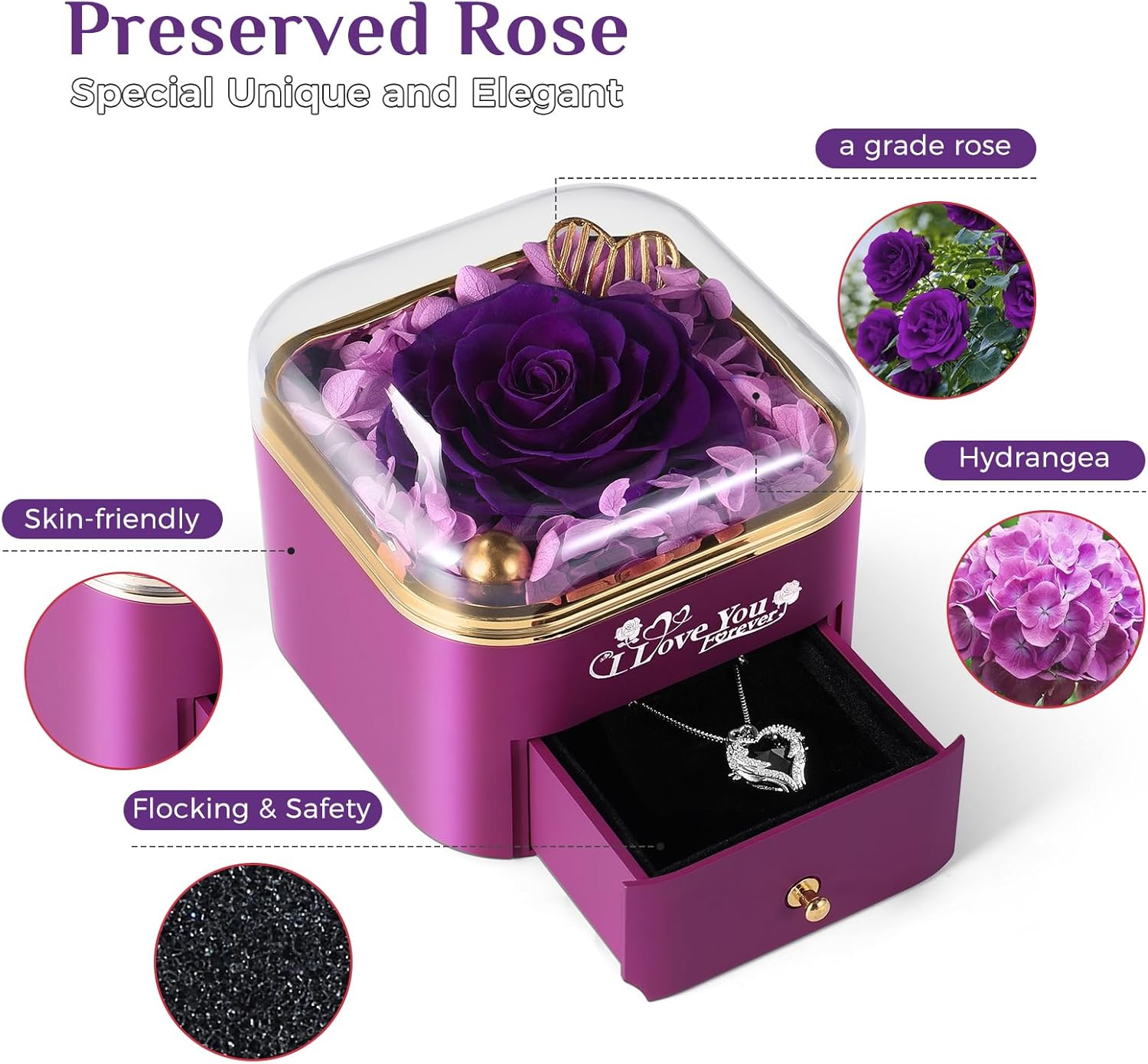 Mikasol Preserved Rose & Heart-Shaped Necklace with Jewelry Box - Preserved Rose, Ideal Romantic Gift for Women, Anniversary, Valentines, Purple, 4.9"x4.5"x4.3"