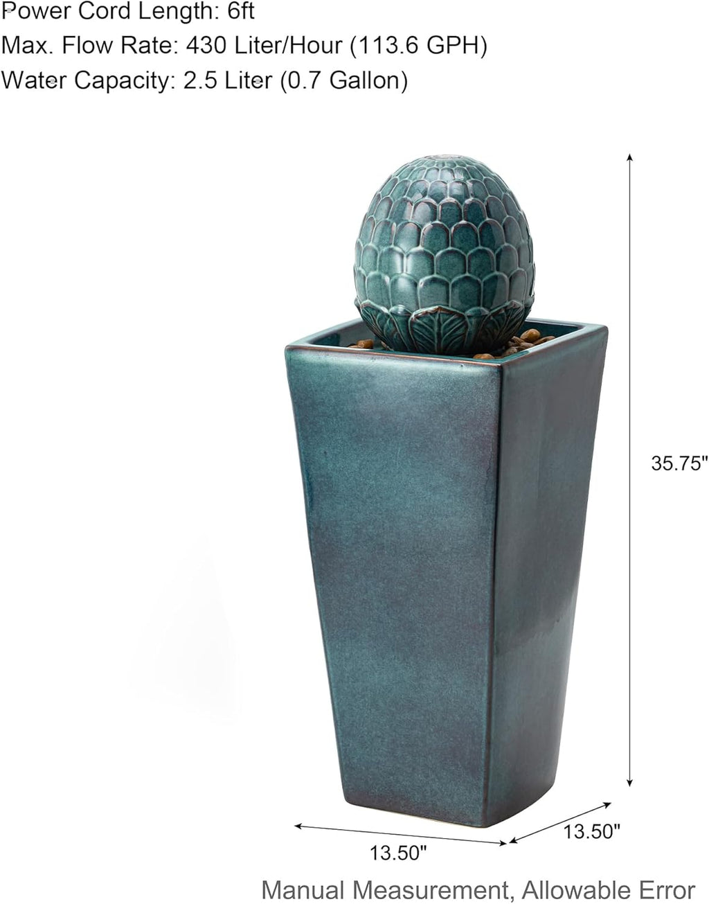 Glitzhome Ceramic Outdoor Water Fountain with LED Light, Oversized Artichoke Pedestal Water Fountains with Submersible Pump, Patio Fountain Waterfall for Garden Patio Deck Porch, Turquoise, 35.75" H