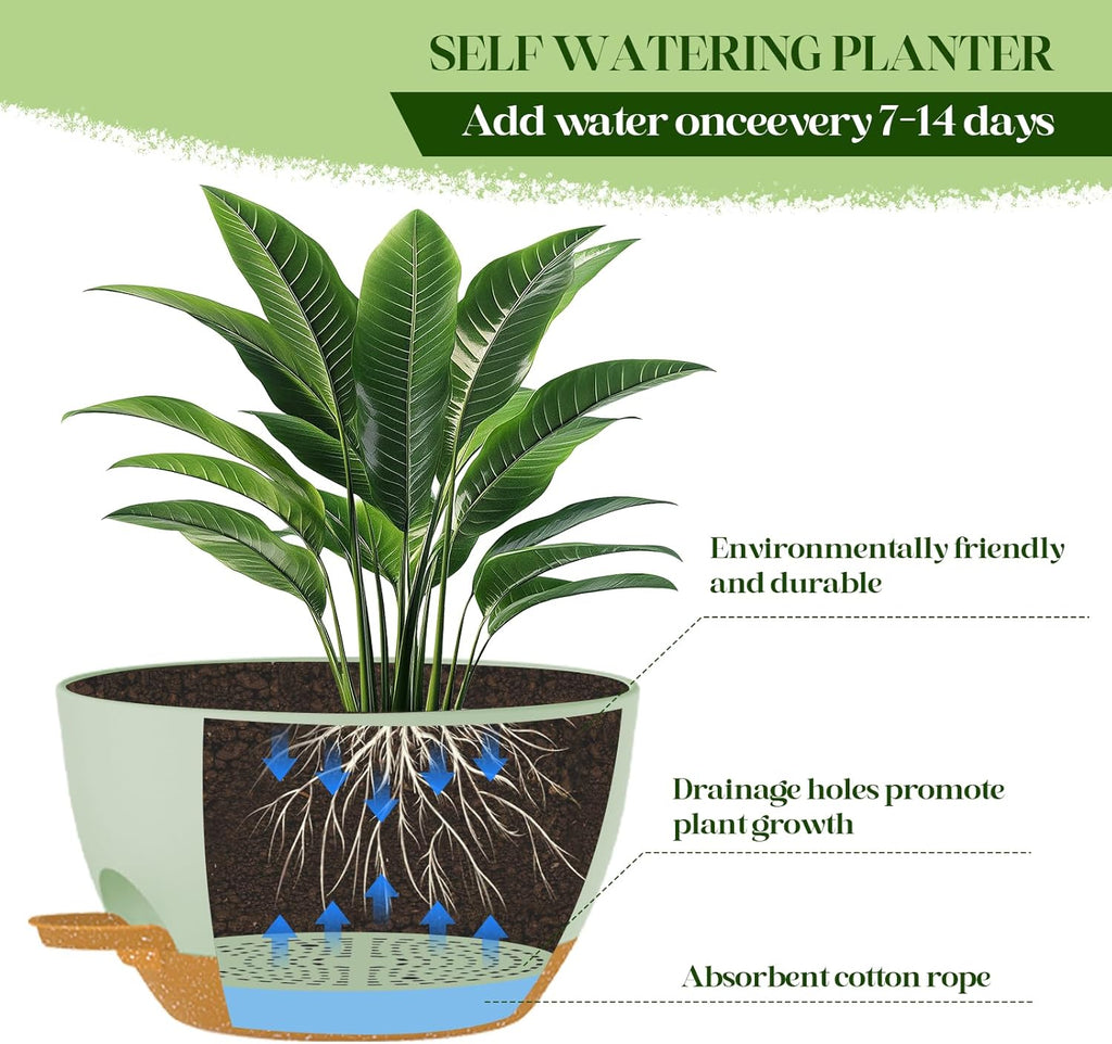 10 Inch Hanging Planters with Chains 2 Pack Self Watering Green Brown Plastic Hanging Pots for Indoor Outdoor Plants, Garden Porch Home Decor (Green Brown)