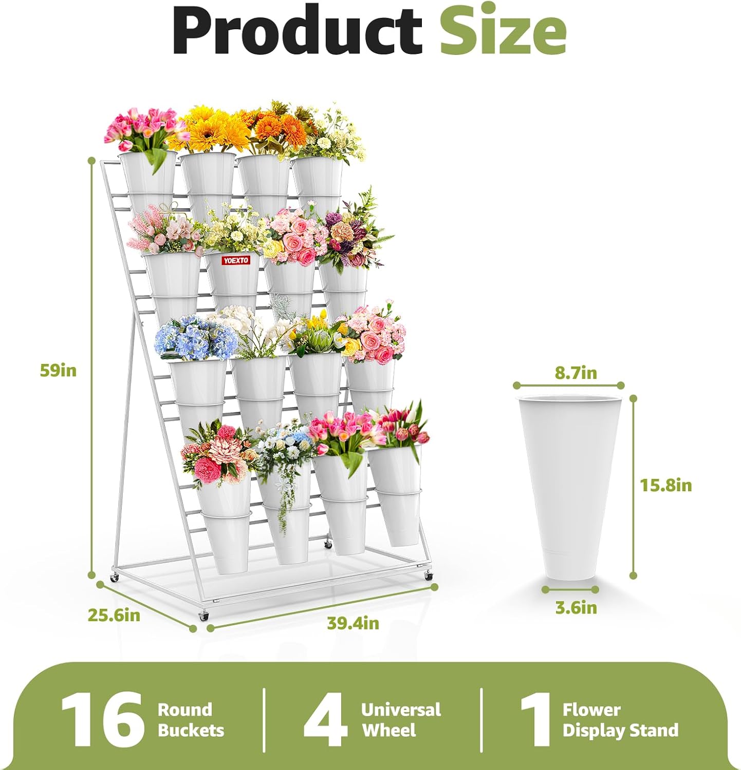 Flower Display Stand 4 Layers with 16 PCS Round Buckets, Plant Stand with Wheels, Movable Metal Plant Stand for Terrace Garden, Florist Shop