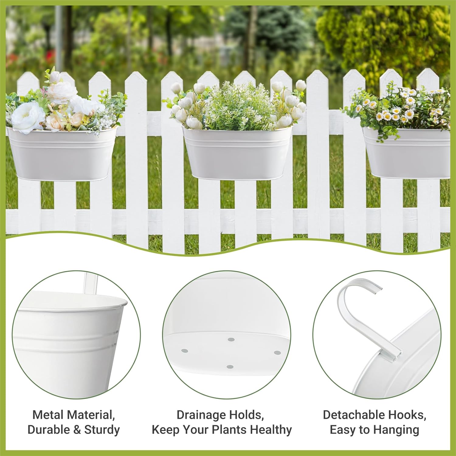 Dahey 3 Pcs Metal Iron Hanging Flower Pots for Railing Fence Hanging Bucket Pots Countryside Style Window Flower Plant Holder with Detachable Hooks Home Decor,White