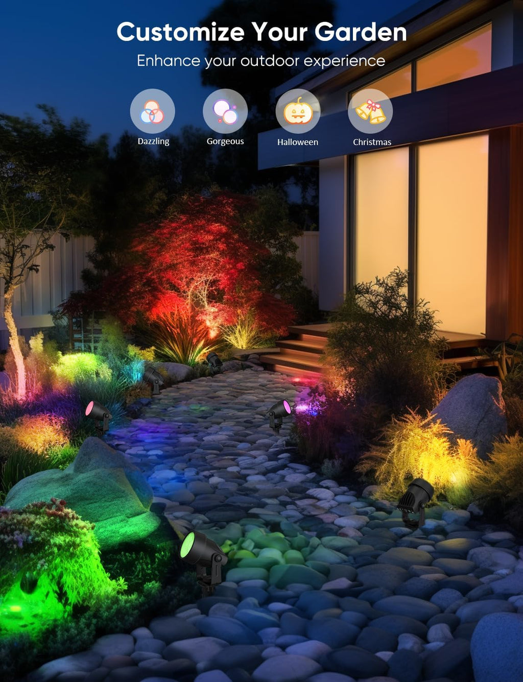 Spot Lights Outdoor, RGBW Low Voltage Landscape Lighting, Color Changing Uplighting Spotlights with App, IP65 Waterproof LED Outdoor Lights for Garden Yard Outside Decoration, 4 Pack