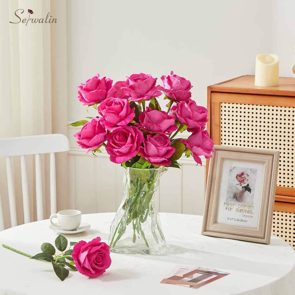 Serwalin 20pcs Artificial Roses, 4'' Big Flower Head, Hot Pink Roses Velvet Real Touch, Silk Fake Roses Long Stem Realistic Bouquet for Wedding Table Centerpiece and Home Decor