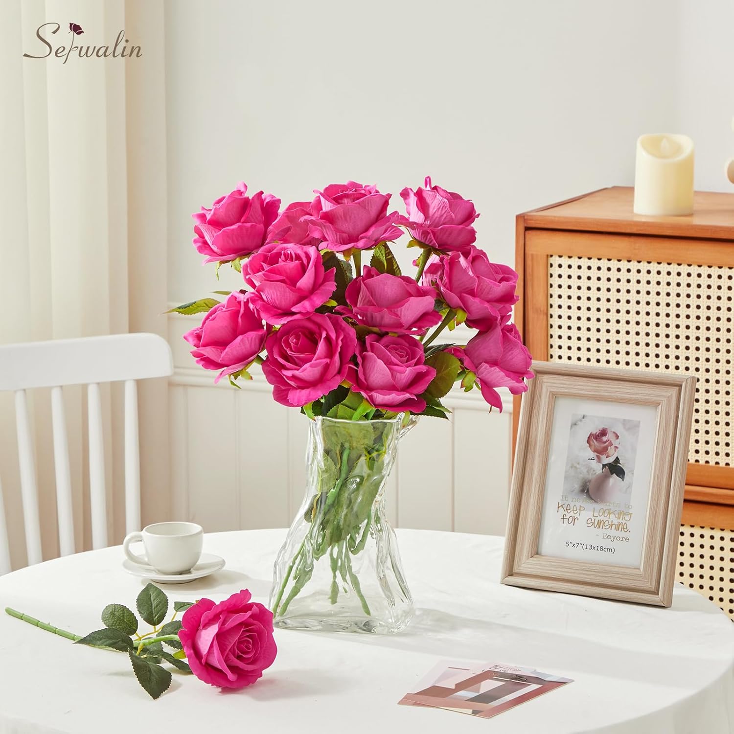 Serwalin 20pcs Artificial Roses, 4'' Big Flower Head, Hot Pink Roses Velvet Real Touch, Silk Fake Roses Long Stem Realistic Bouquet for Wedding Table Centerpiece and Home Decor