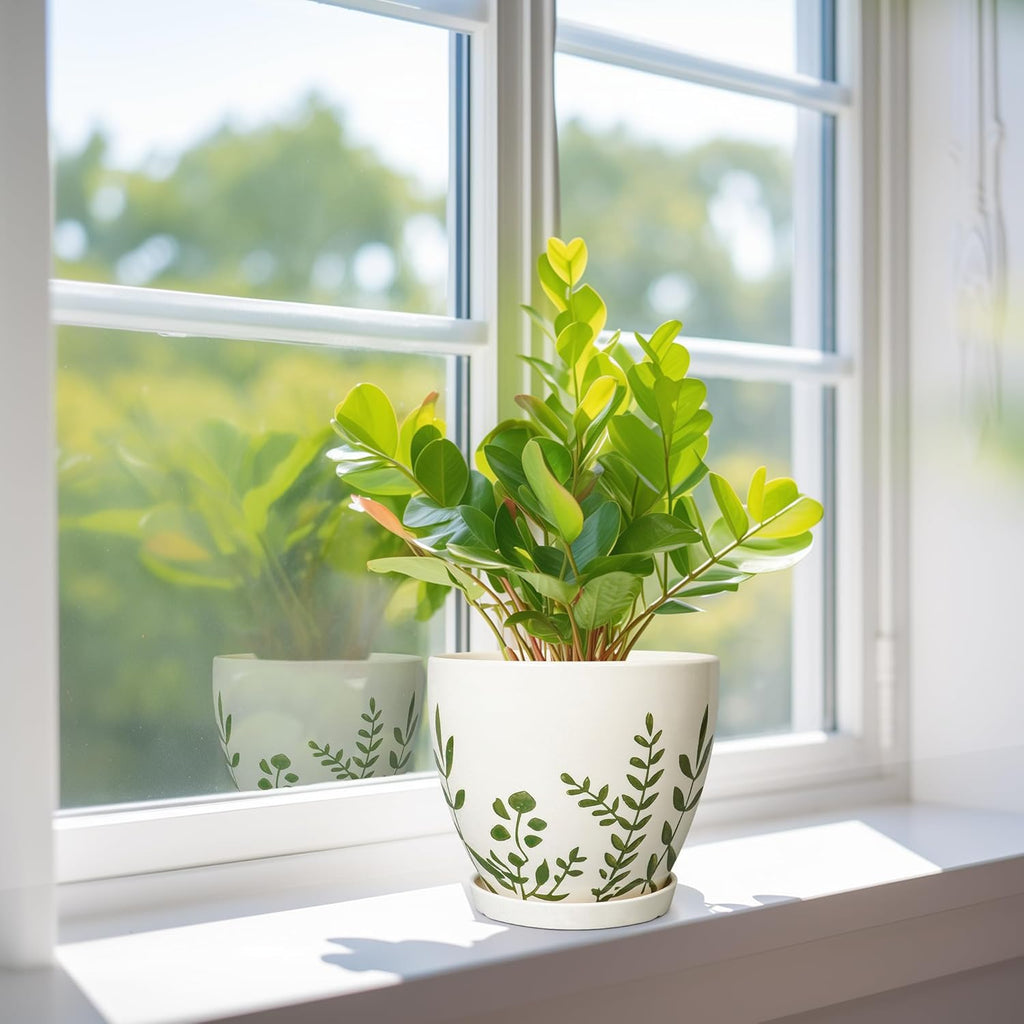 6.8 Inch Plant Pot - Ceramic Planter for Indoor Plants, Flower Pot with Drainage Hole and Saucer, Decorative Boho Round Outdoor Planter, Housewarming Gifts, Garden Room Decor, White