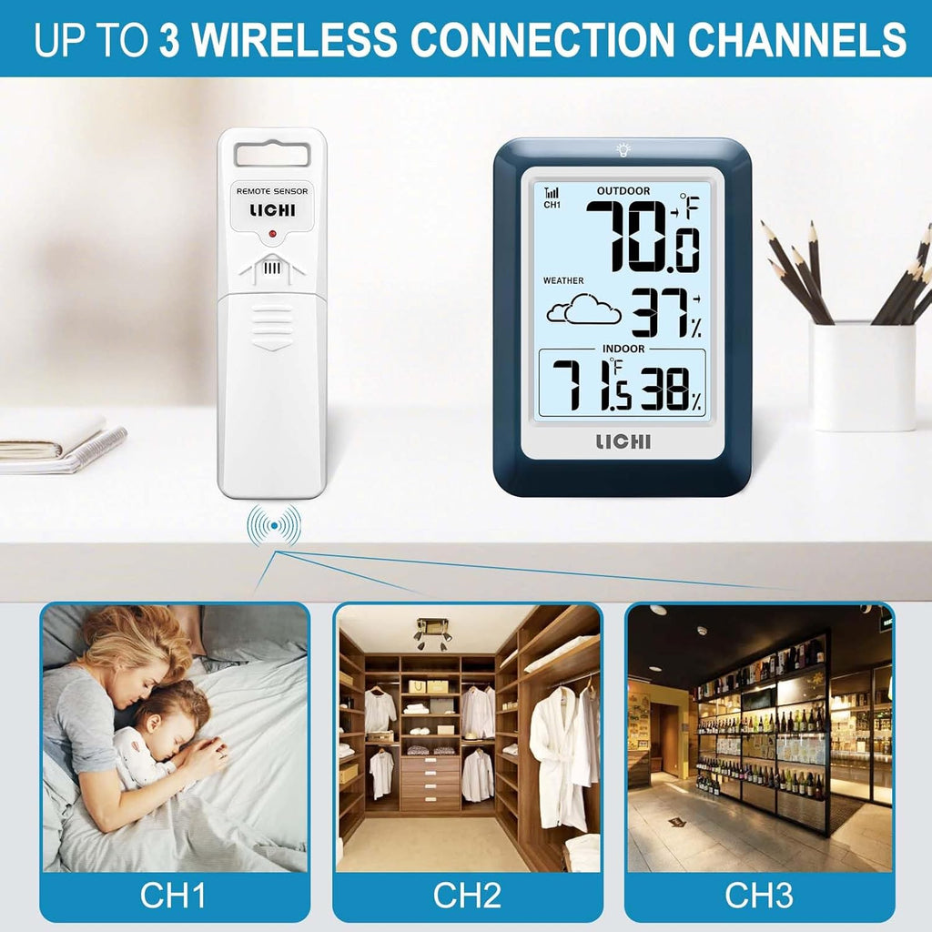 Indoor Outdoor Thermometer Wireless Weather Station, Internal External Thermometer Hygrometer, Home Batteryoperated Temperature Humiditymonitors330 Feet (About 100 Meters) Backlight Display (Blue)