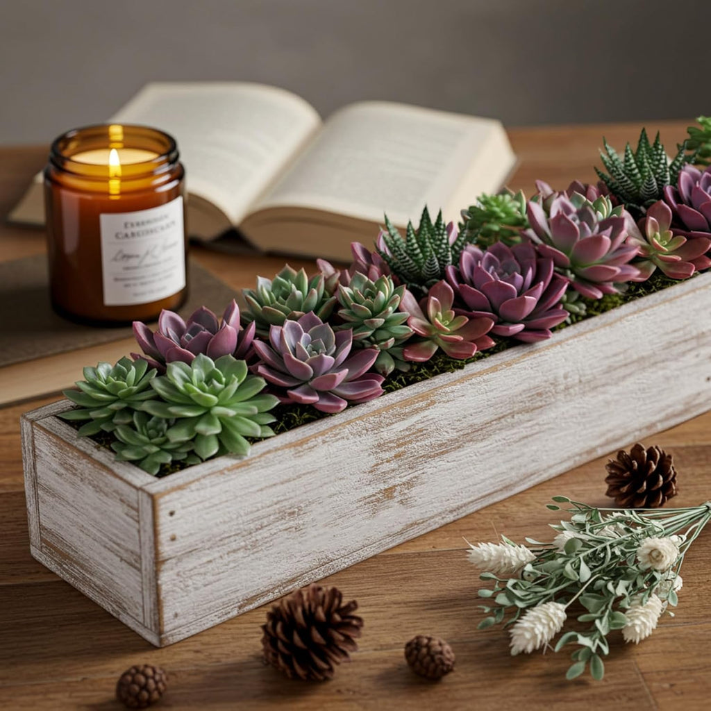 Dandat 2 Set Wood Boxes for Centerpieces 16x4 Inch Rectangle Wooden Planter Box Rustic Wooden Planters with Removable Plastic Liner Floral Foam Blocks for Home Wedding Garden Decor