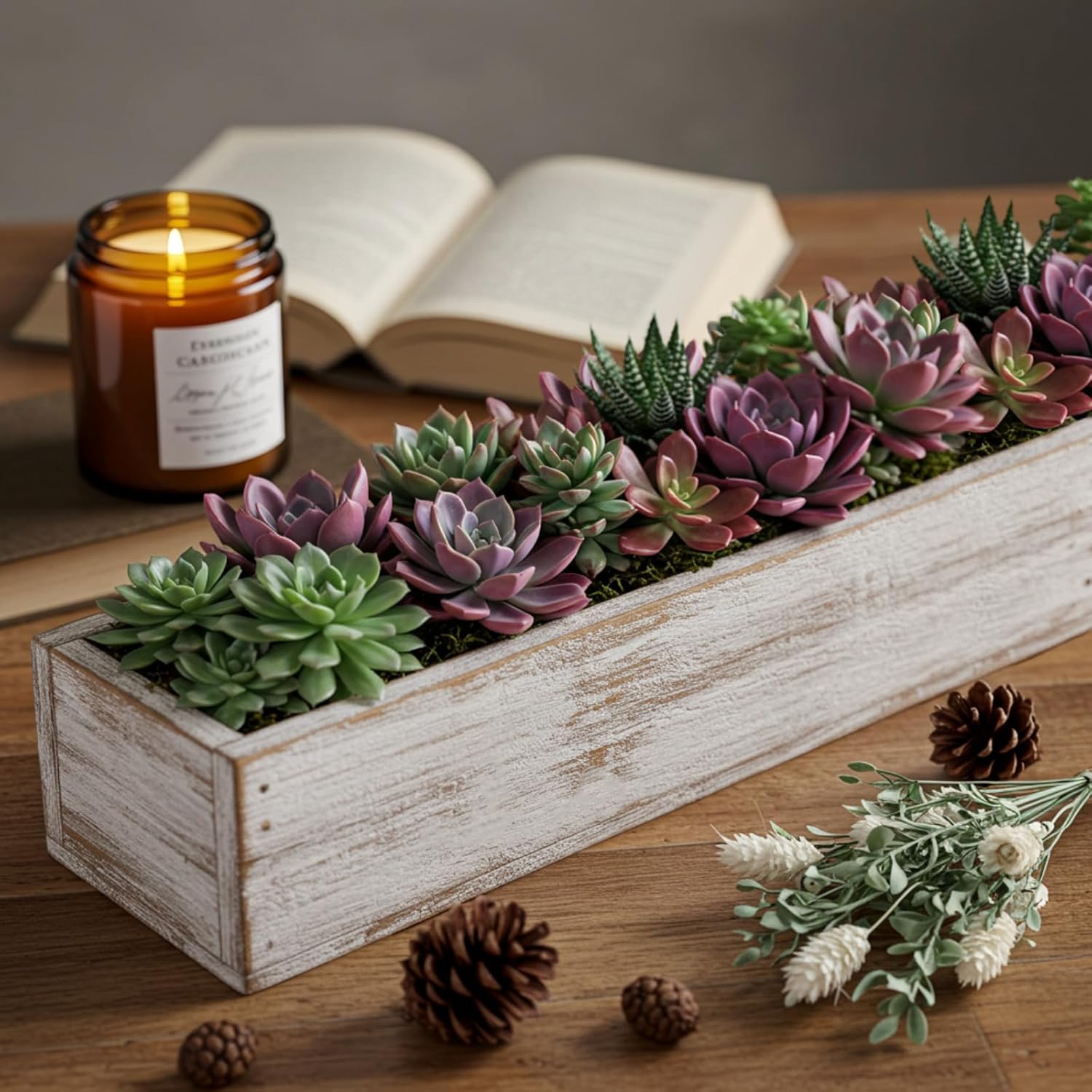 Dandat 1 Set Wood Boxes for Centerpieces 16x4 Inch Rectangle Wooden Planter Box Rustic Wooden Planters with Removable Plastic Liner Floral Foam Blocks for Home Wedding Garden Decor