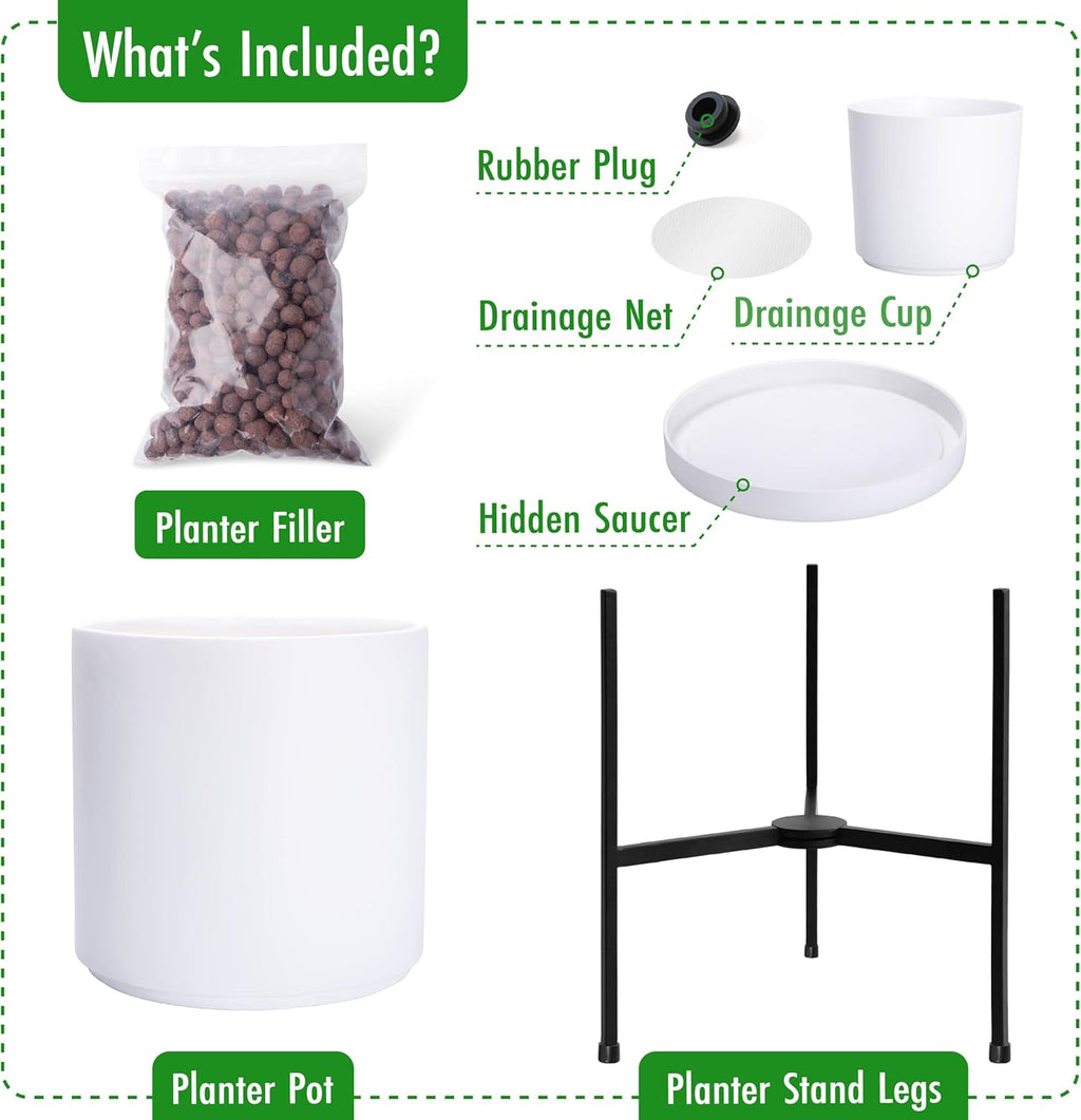 D'vine Dev Modern White Plants Pot Cylinder Planter with Heavy Duty Stand, Large 12 Inch Pot, 18.9 Inch with Stand Height, 96-T-A-3