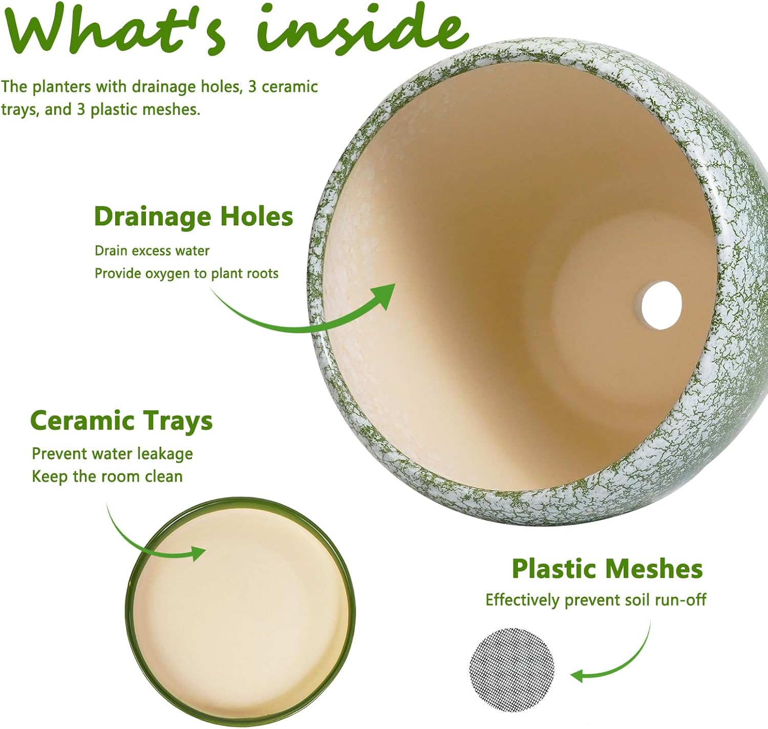 Ceramic Pots for Plants, 10+8+6 Inch Round Decorative Planters for Indoor Outdoor with Drainage Holes and Saucers, Office Garden Room Patio Decor, Gifts for Plant Lovers, Set of 3, Green