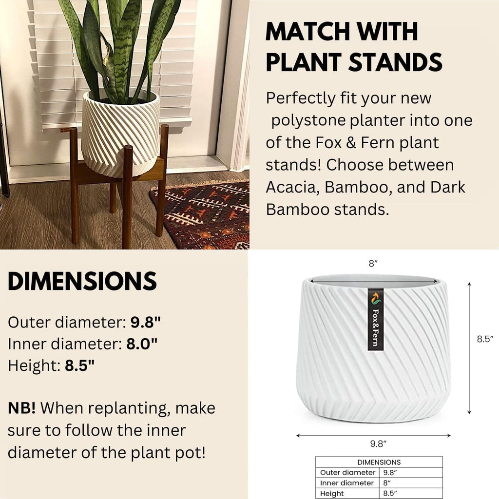 Fox & Fern 10 Inch Plant Pot with Drainage Plug — Premium Polystone White Plant Pot; Modern Planter with 3D Texture and Ceramic Finish; 10 Inch Pots for Plants Indoor & Outdoor
