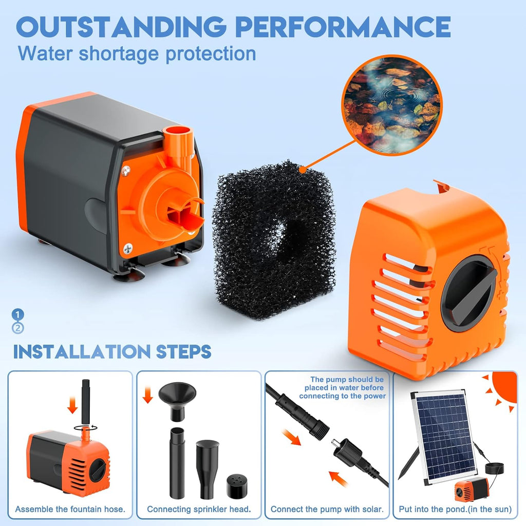 Antfraer Solar Pond Pump, 25W Solar Water Pump with 410GPH Adjustable Flow, Solar Fountain Pump 6.6FT Tubing/16.5FT Cord for Garden, Fish Ponds, Waterfall, Fountain Water Features